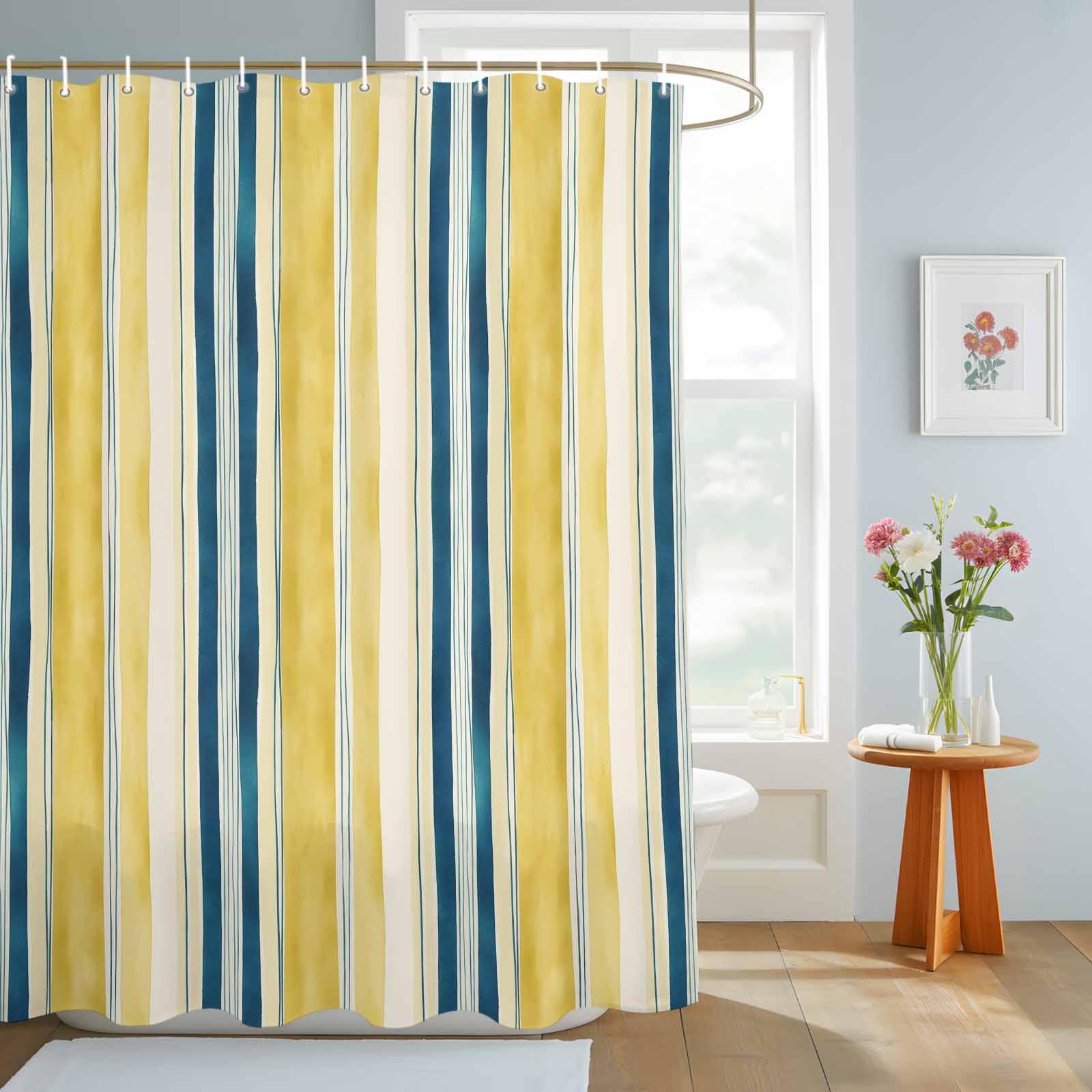 Bathroom Shower Curtain Gradient Yellow Blue Stripes Waterproof Shower Curtains with Hooks, Abstract Watercolor Line Bath Curtains Bathtub Curtain Home Decor 72x72in