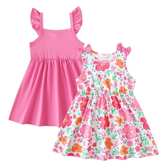 KIMI BEAR 18 Months Infant Baby Girl Dress 24 Months Girls Sundress 2 Packs Summer Clothing Ruffle Sleeveless Off the Shoulder A-line Dresses Solid Color and Floral Dresses 2pcs Pink