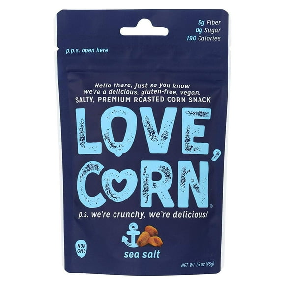 Love Corn Gluten 100% Vegan Non-GMO Free Crunchy Roasted Corn Snack, Sea Salt 1.6 Ounce