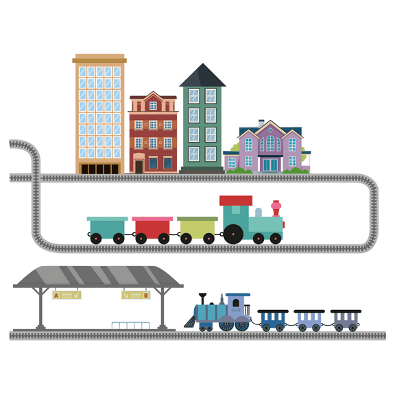 Adhesive Home Kids Playroom City Train & Tram Decoration Sticker 20" x 26" City Buildings Railway Design Removable Kids Bedroom Vinyl Wall Decal