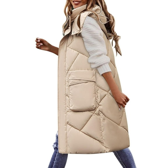 Long Puffer Vest Women, Ladies Zip Up Down Jacket with Detachable Hood Stand Collar Sleeveless Thick Winter Coats (X-Large, Khaki)