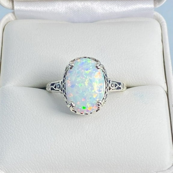 RatanGems Oval White Opal Gemstone Wedding Ring, 925 Sterling Silver