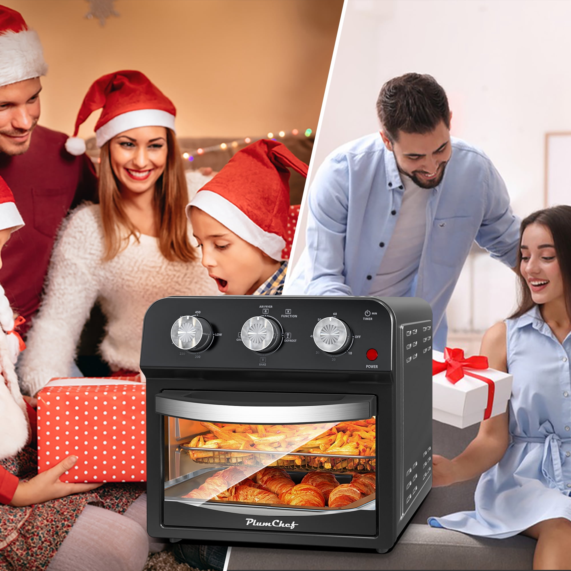 PlumChef 13 Quart 4 Slices Air Fryer Convection Toaster Oven, 1500W, 4 Cooking Modes, 7 in 1 Multifunction with Roast, Bake, Grill, Broil, Toast, Dehydrate, Defrost, Stainless Steel