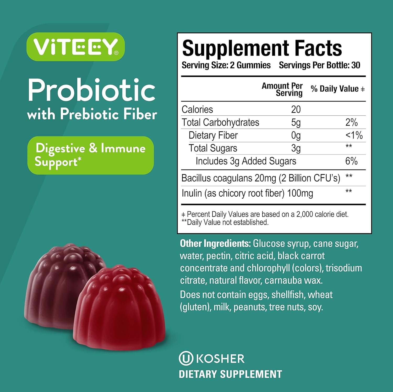 VITEEY Probiotic Gummies with Prebiotic Fiber, Gut & Immune Support, Berry Flavor 60 Count, 2 Pack