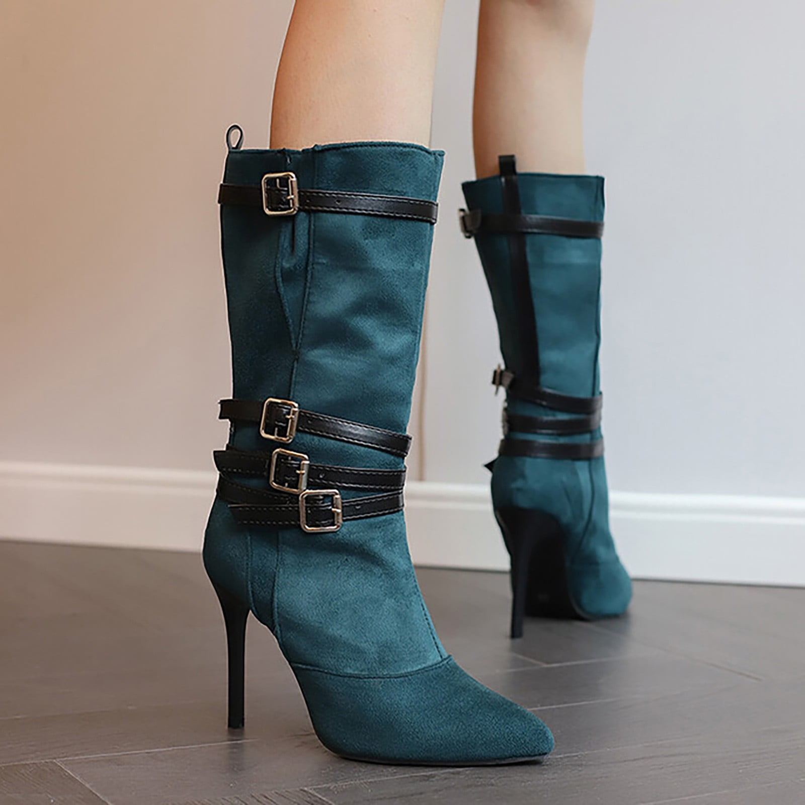 YOUSNH Women Shoes Fashion Ankle Long Boots Thick High Heels Over