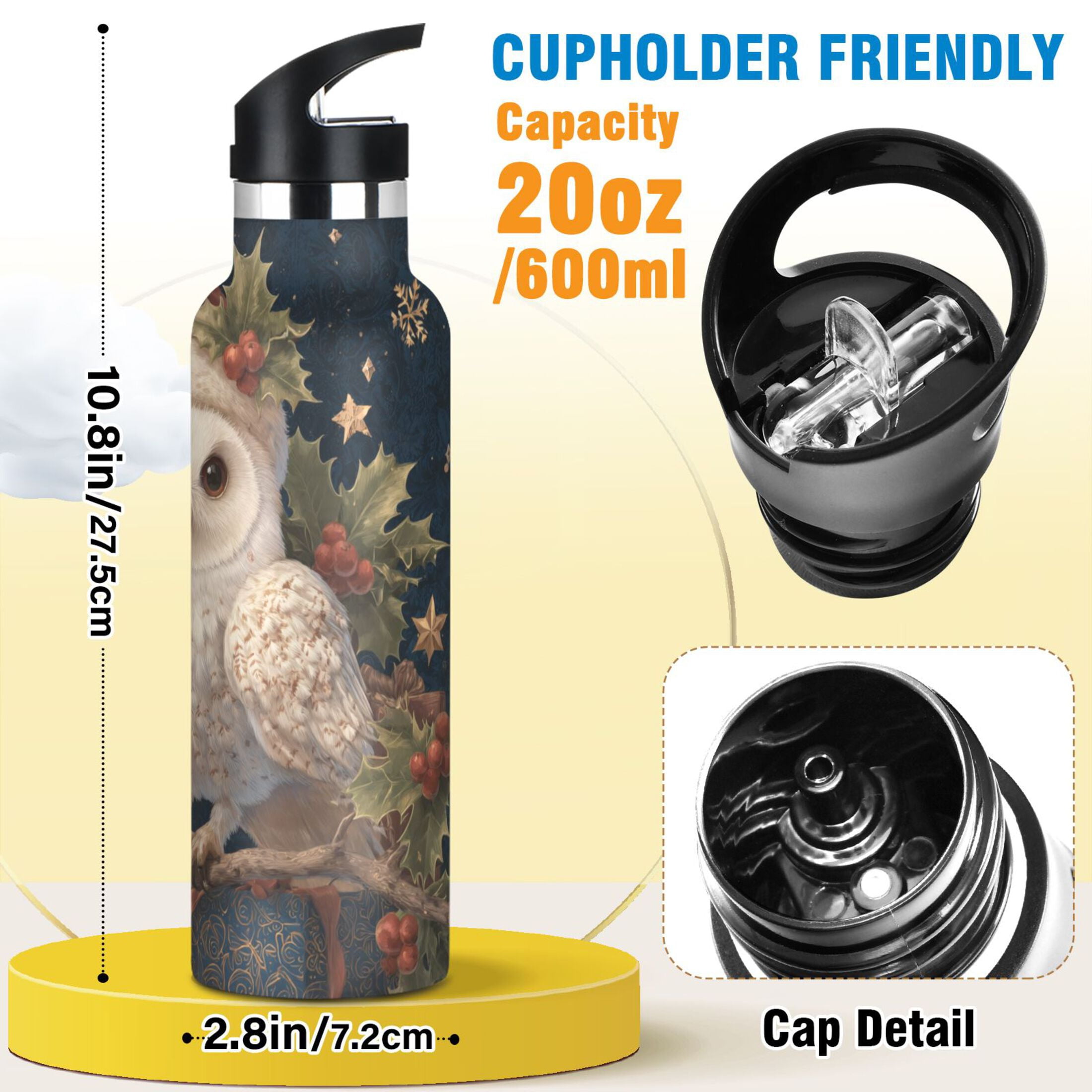 600ML Stainless Steel Insulated Cup Sports Water Bottle Portable Thermos Cup Water Glasses Insulated Tumblers Convenient and Durable Warm Cute Christmas Owl