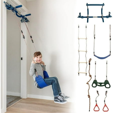 Gym1 - 6 Piece Indoor Doorway Gym Set for Kids - Indoor Swing for Kids Includes Kids Swing Chair Rings Hanging Trapeze Ladder Swinging Rope & Pullup Bar - Sensory Swing Set Accessory Playground