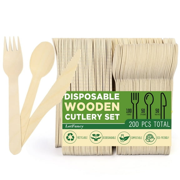 LotFancy 200 Pc Compostable utensils, Wooden Disposable Cutlery Set,100 Forks, 50 Spoons, 50 Knives