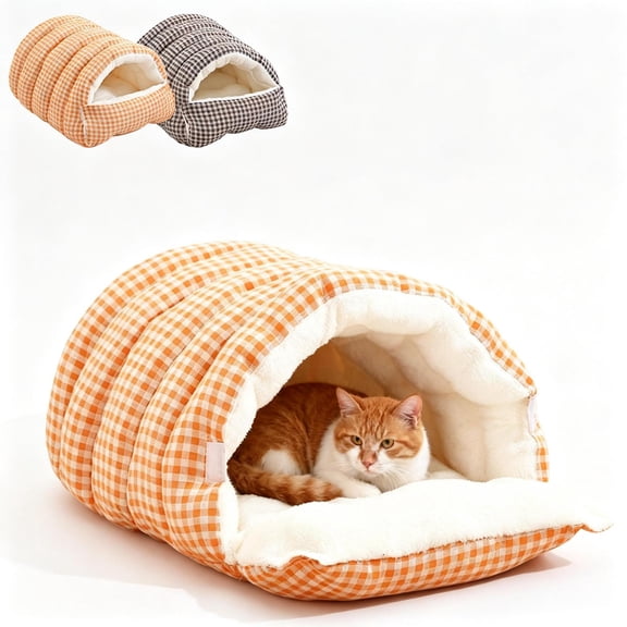 Qocolcyl Grid Plush Cat Tunnel Bed, Soft Cloth 2-in-1 Convertible Semi Enclosed Calming Pet Cave Nest, Detachable Washable Winter Warm Indoor Kennel Bed, Ideal Pet Gift for Small Pets Under 8.8 Lbs