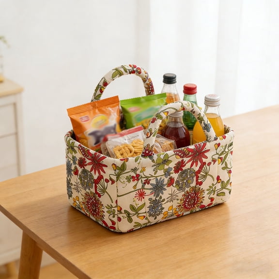 Floral Quilted Storage Basket Fabric Organizer Bin with Handles for Living Room Bedroom Nursery Home Decor