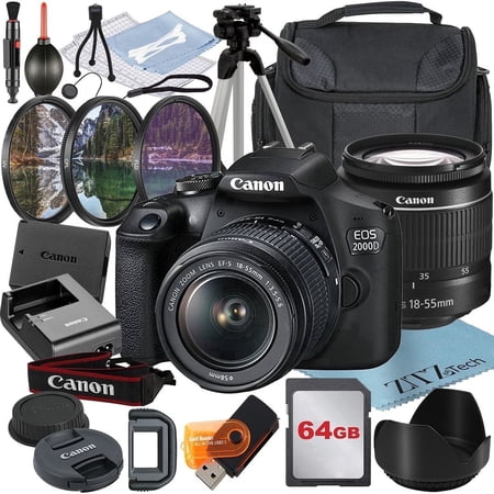 Canon EOS 2000D (Rebel T7) DSLR Camera Bundle: Includes 18-55mm Zoom Lens + 64GB Card + Case + Tripod + 3 Pieces Filter Kit and More (International Model)