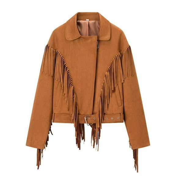 ZACPNCV Women's Fringe Genuine Suede Leather Jackets Tassel Motorcycle Cropped Women Coat