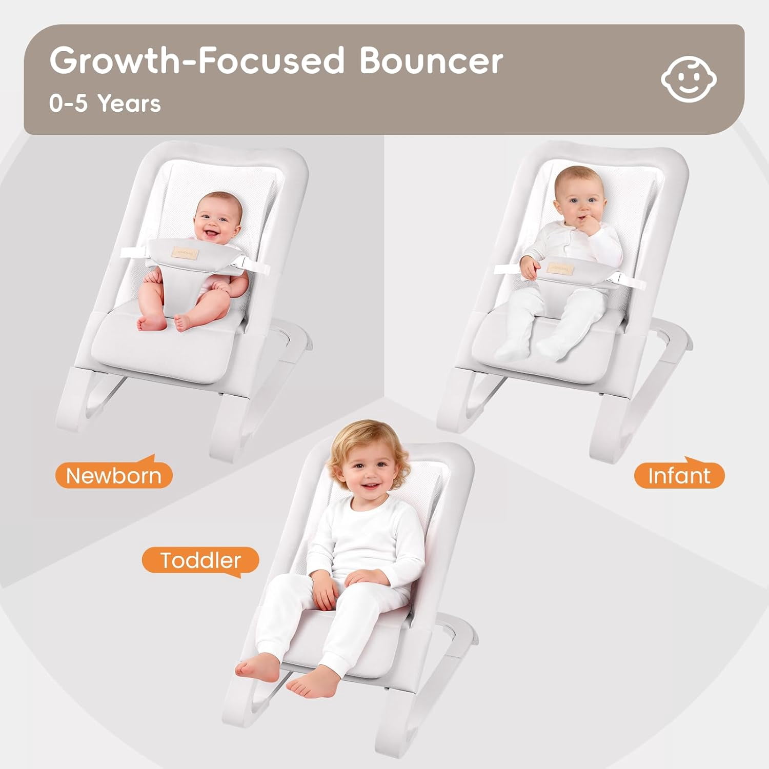 Portable Baby Bouncer & Rocker Seat for Infants, Adjustable Reclining Baby Chair with 3-Point Safety Harness, Lightweight Foldable Design for 0-18 Months, Supports Up to 60 lbs, Grey