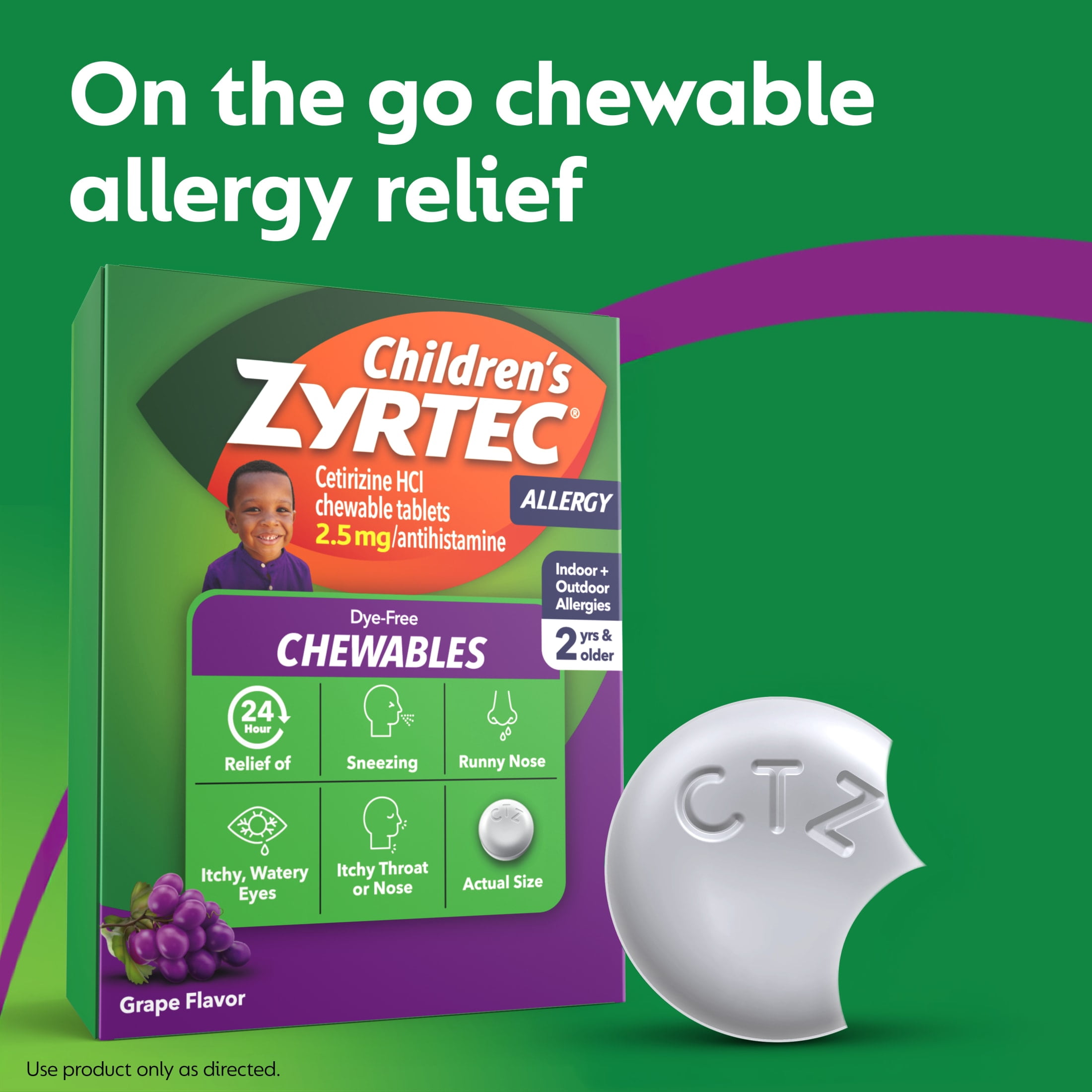 Children's Zyrtec 24 Hr 2.5 mg Allergy Chews for Ages 2+, Grape, 24 Count
