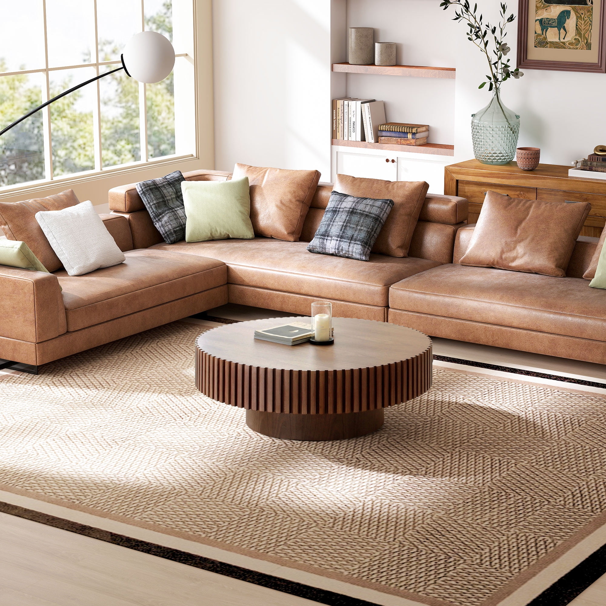 Muumblus 31.5" Walnut Coffee Table, Round Wood Modern Unique Fluted Accent Center Table for Living Room