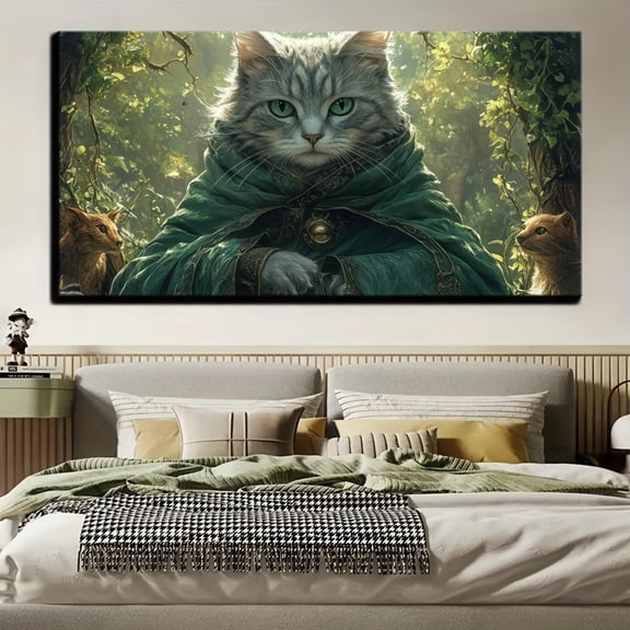 Mystical Cat in Green Cloak with Forest Companions Framed Canvas Wall Art 48x24 Inch Fantasy Animal Print for Bedroom Living Room Office Decor