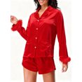 thumbnail image 3 of LMLYSoH Women's Satin Outfits Solid Color Lapel Long Sleeve Tops with Feather Cuffs + Shorts Set Fashion Clothes, 3 of 8