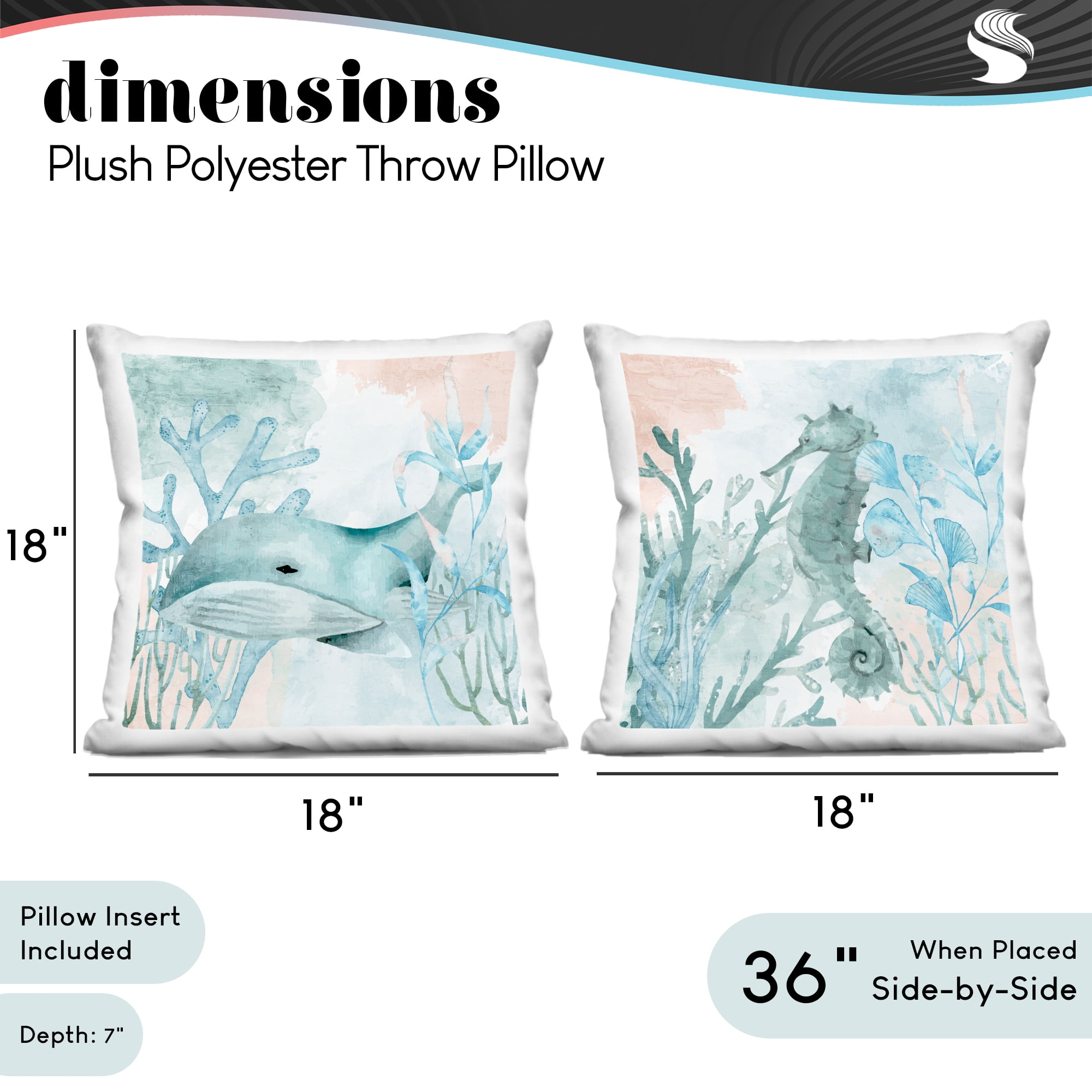 Stupell Industries Whale & Seahorse Sea Swim 2 Piece Decorative Printed Throw Pillow Set, design by Kim Allen, 18 x 7 x 18