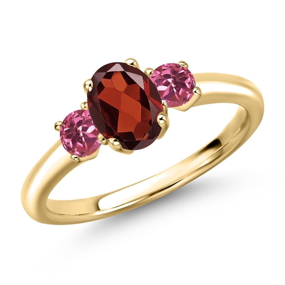 Gem Stone King 10K Yellow Gold Red Garnet and Pink Tourmaline Engagement Ring for Women | 1.17 Cttw | Oval 7X5MM | Gemstone January Birthstone | Size 7
