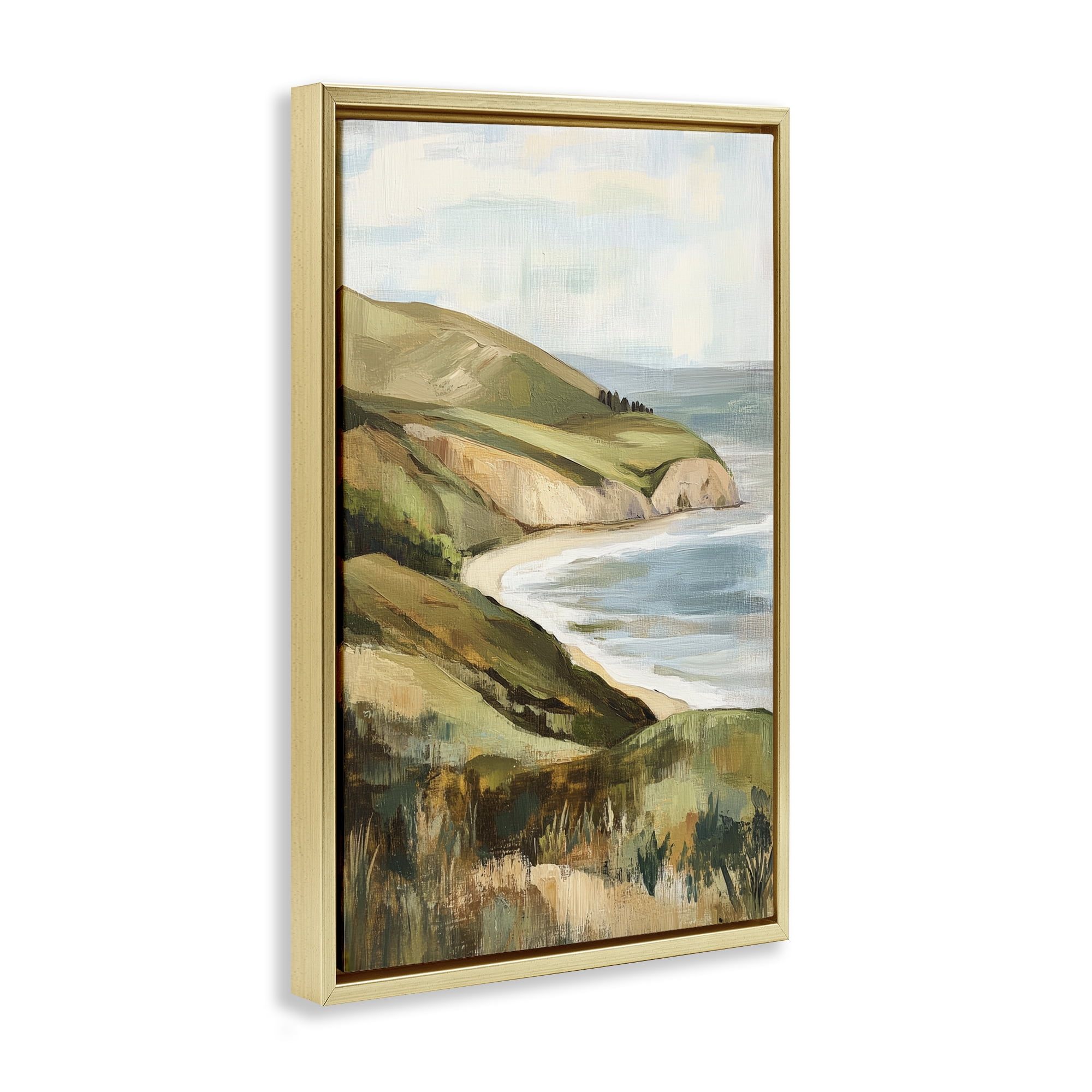 Stupell Industries Painted Cliffside Coastal Morning Light Gold Framed Floater Canvas Wall Art, design by Petal Prints Design