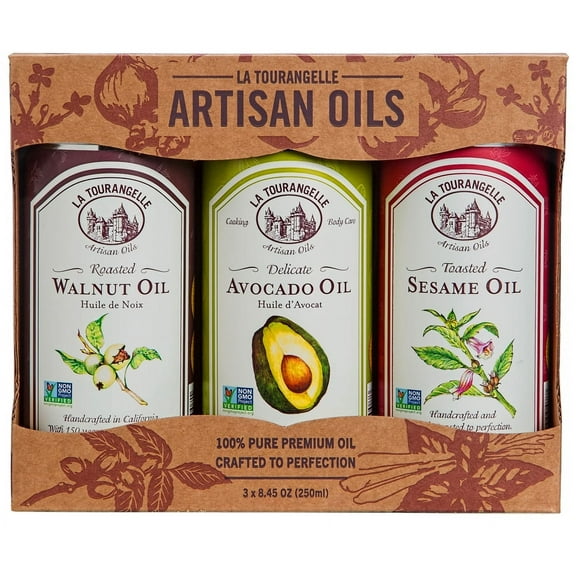 La Tourangelle,Trio of Oils Gift Box - Roasted Walnut, Delicate Avocado, Toasted Sesame Oil, Pack of 3 x 8.45 oz
