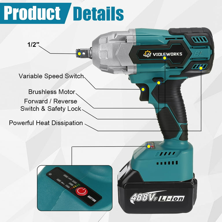 WORKSITE Brushless Impact Wrench Heavy Duty 3 Speed 20V Battery Power Tools  1/2 High Torque Adjustable Cordless Impact Wrench