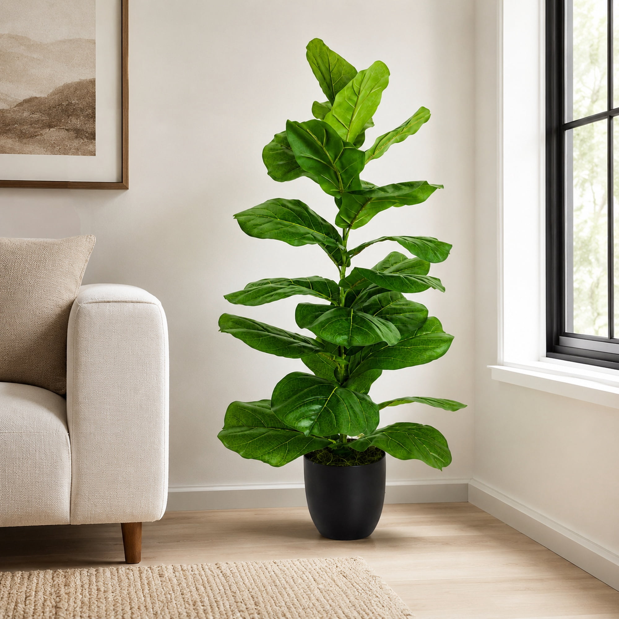 Artificial Tree, 5ft Faux Designer Fiddle Leaf Fig Tree in Black Nursery Pot by LCG Florals, Fake Indoor Tree for Living Room, Office, and Home Décor