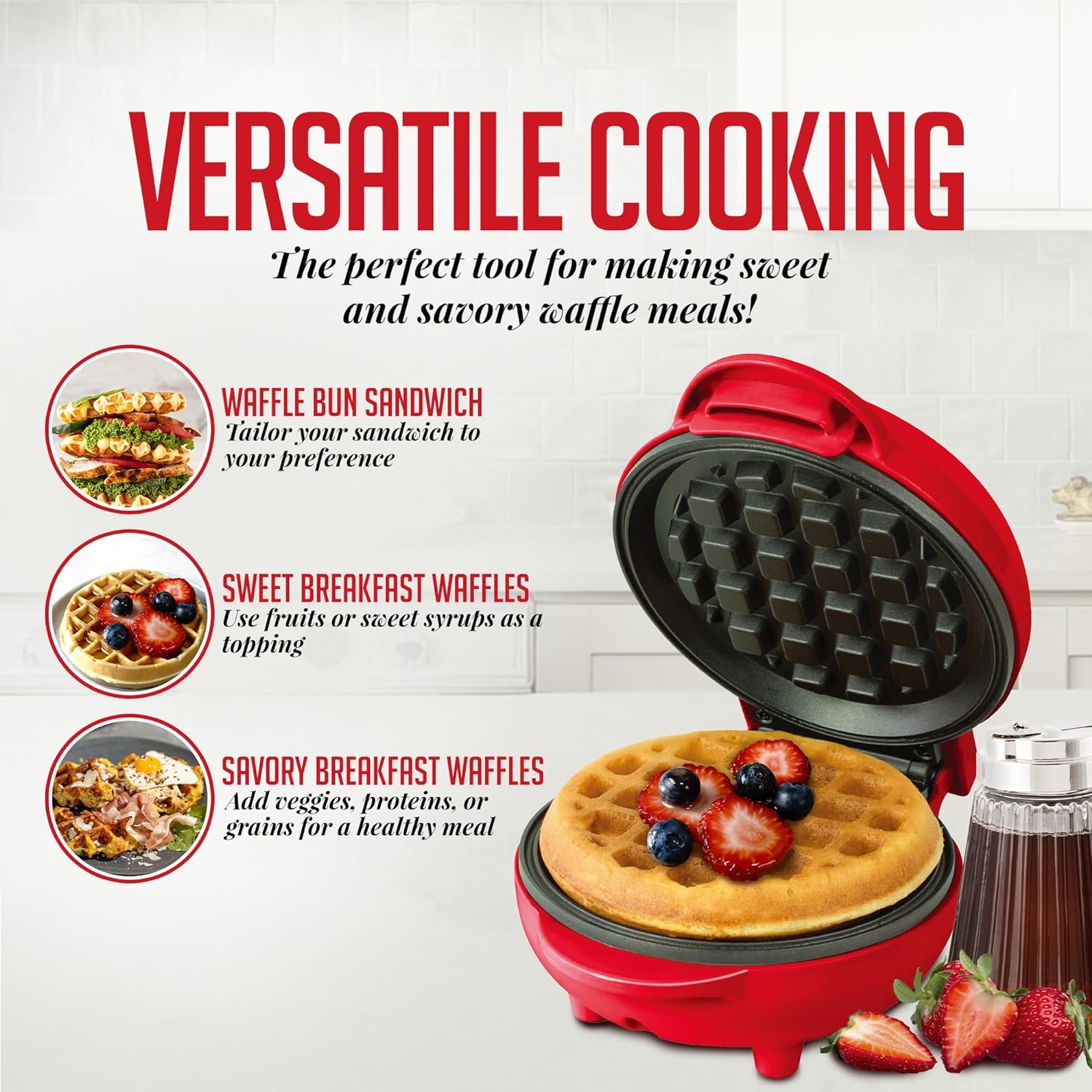 OVENTE Electric Mini Waffle Maker, 550W Fast Heating Element with Overheat Protection, 4-Inch Non-Stick Plates and Cooking Surface, Perfect for Breakfast, Hash Browns, Keto Chaffles, Red WM215R