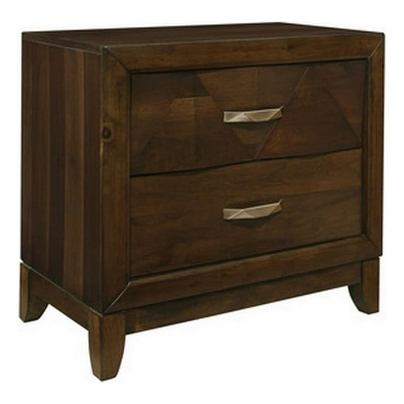 Nibo 28 Inch Nightstand- 2 Drawers- Satin Brass Handles- Brown Solid Wood