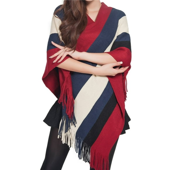 YOUSNH Womens Pullover Sweater Cloak Tassels Scarf Shawls Knitwear Loose Sweater Irregular Hem Splicing Wraps Winter Scarf for Women Wine One Size