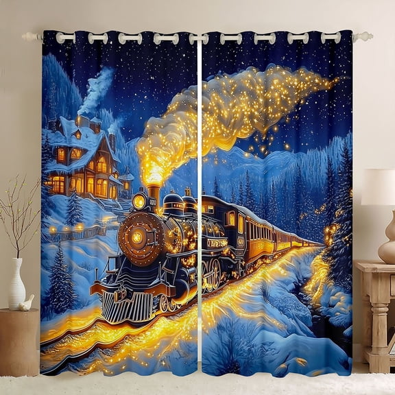 Castle Fairy Magical Train Black Out Curtains for Kids, Winter Light Print Curtains Pack of 2 (42x63 Each) for Bedroom, Black Gold