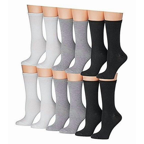 Women's Lightweight Solid Black White Grey Long Cotton Assorted Crew Socks Packs