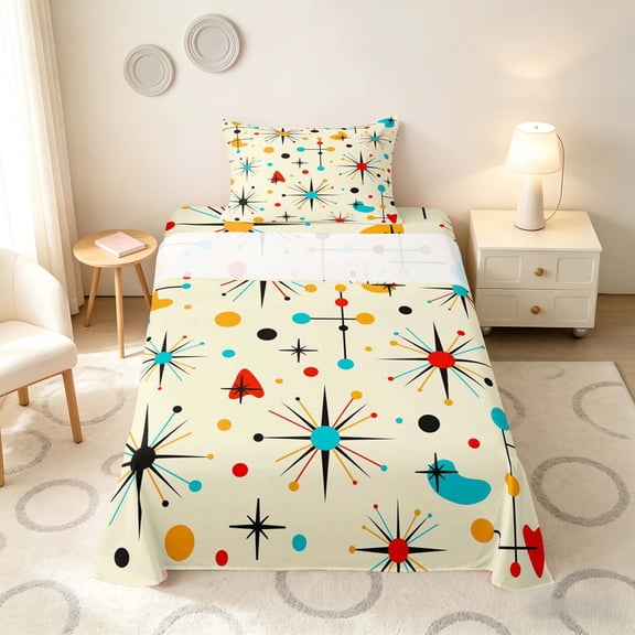 Manfei Mid-Century Atomic Starburst Twin Sheets, Abstract Theme Bedding, Beige Red Blue Black, Gray Reversible 3pcs1 Flat Sheet 1 Fitted Sheet 1 Pillowcase