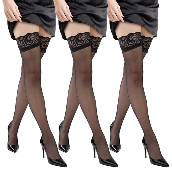 Bocaoying 3 Pairs Lace Top Thigh High Stockings with Non Slip Silicone for Women Black