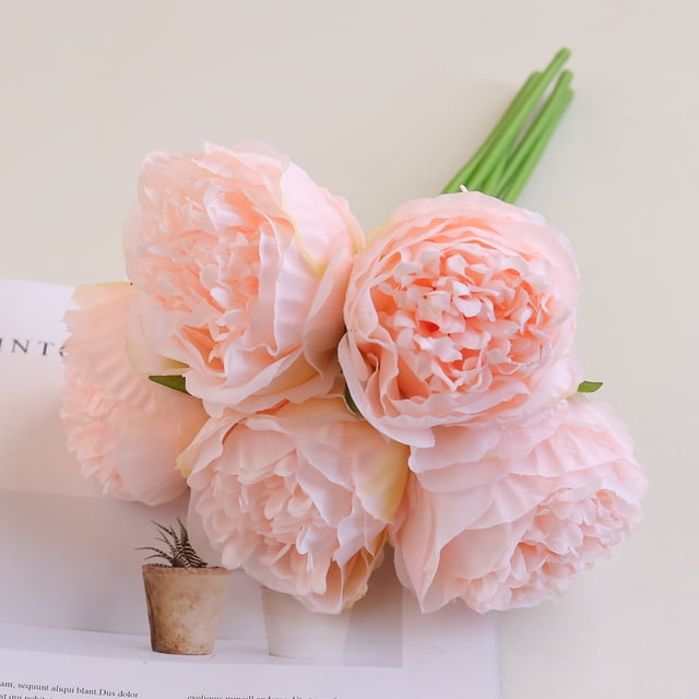 Xiao Hua 2 piezas de ramos con un total de 10 flores y hojas de peonía artificial de seda para decoración del hogar, la oficina, la boda, la fiesta, el bar festivo (rosa claro)
