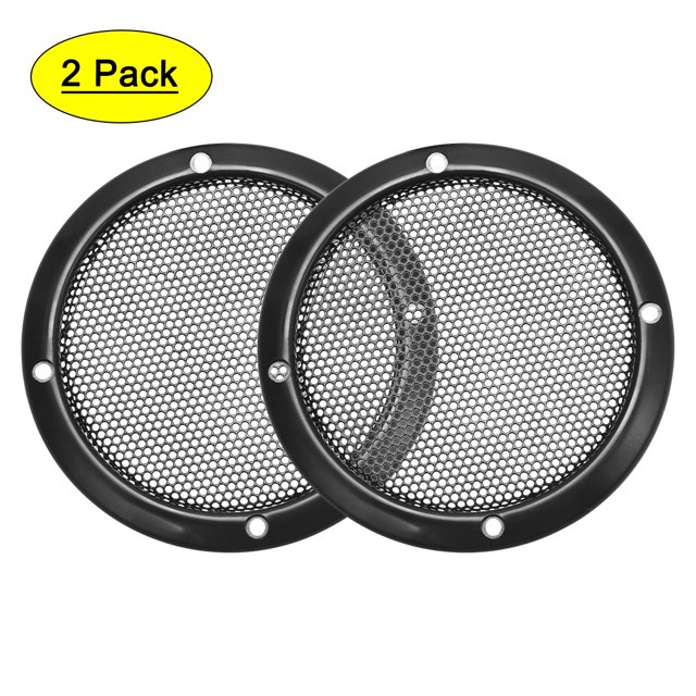 Unique Bargains Speaker Grill Cover 3 Inch 93mm Mesh Decorative Circle Subwoofer Protector Black 2pcs. The image shows two black speaker grill covers made of ABS plastic frames and cold-rolled steel mesh. Each cover has a 93mm outer diameter, 75mm inner diameter, and 3.5mm screw holes. Designed to protect subwoofers from damage, they are suitable for DIY speaker projects, home speakers, or car speakers.