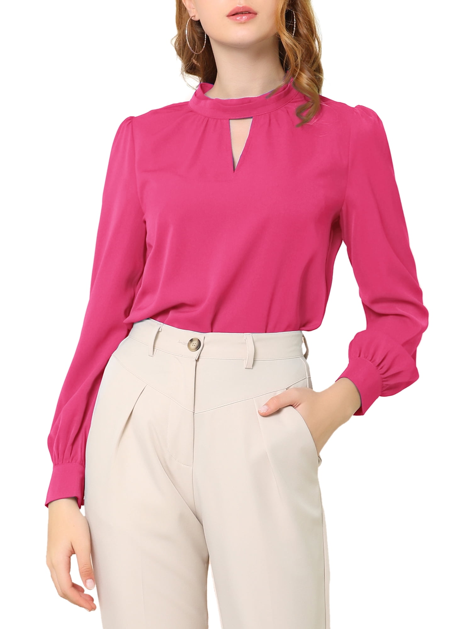 DARING DIVA Women's Stand Collar Long Sleeve Office Blouse M Rose Red