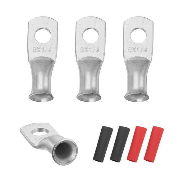 4 Pcs 1/4" Stud 6AWG Battery Lugs Ring Terminal with 4pcs Heat Shrink, Silver