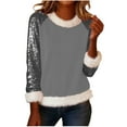 thumbnail image 3 of Oksale Fuzzy Trim Sequin Tops for Women Sparkly Christmas Shirts Loose Long Sleeve Fall Winter Blouses Crew Neck Tee Pullover Gray M, 3 of 7