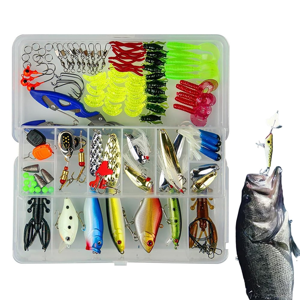 Jercoda 120pcs Fishing Lure Kits Set for Beginner, Long-Range Casting Lure Set with Lure Pliers for Freshwater Saltwater Fishing