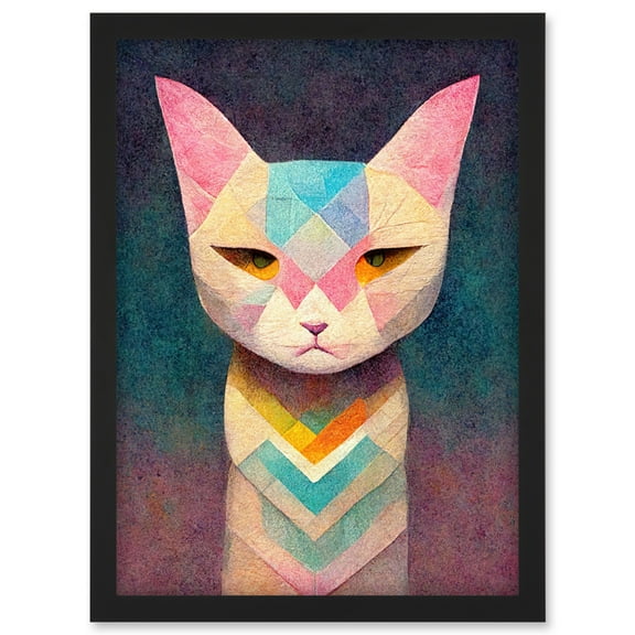 Geometric Egyptian Cat Pastel Boho Artwork Framed Wall Art Print A4
