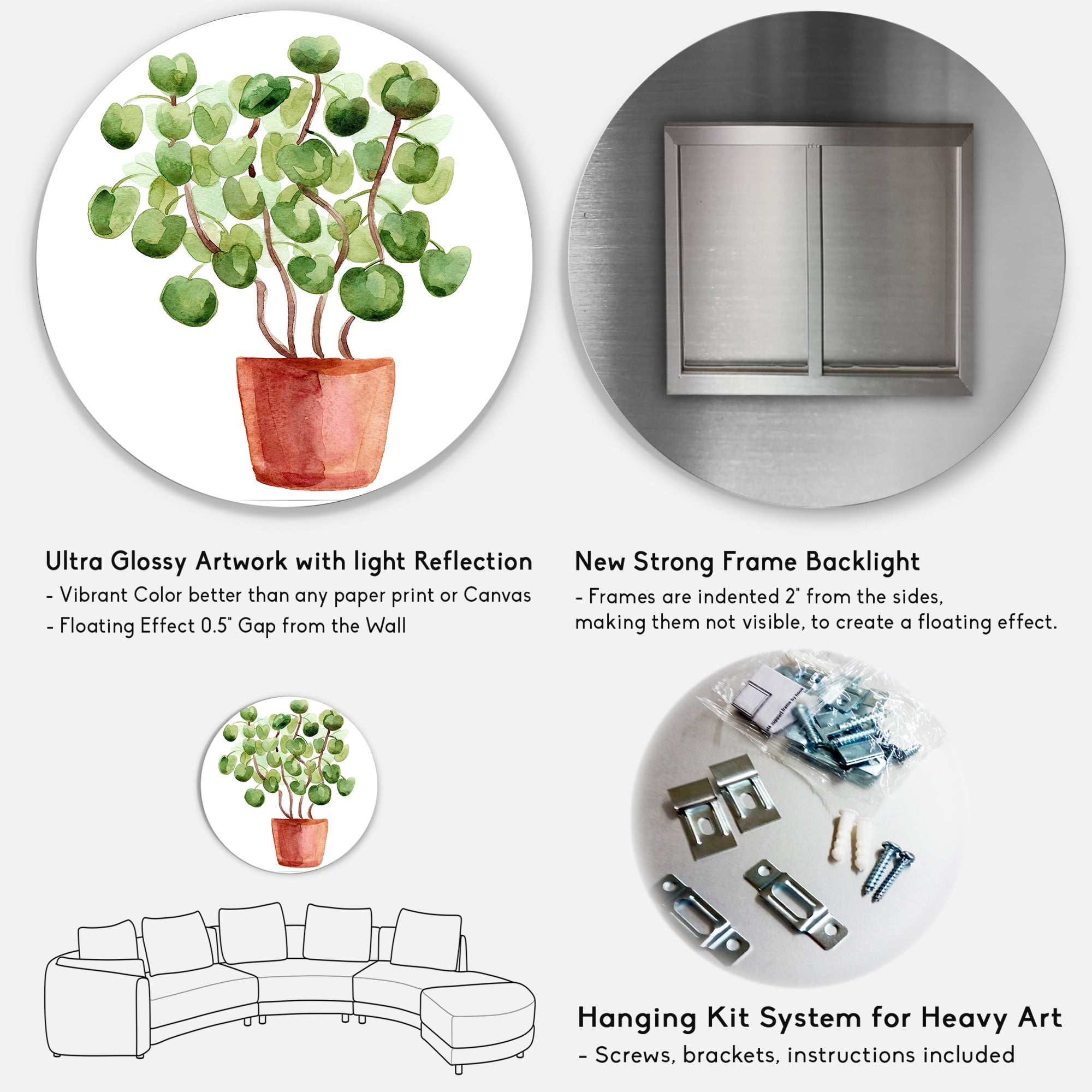 Designart 'Abstract Chinese Money Plant In Pot' Traditional Circle Metal Wall Art 23x23 - Disc of 23