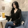 thumbnail image 3 of Dot Print Women Blusa V-neck Long Trumpet Sleeve Chiffon Shirts Ladies Tops Korean Black Blouse Casual Tops, 3 of 3