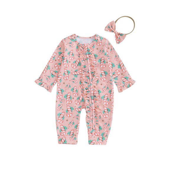 Michellecmm  Girls Christmas Jumpsuit Christmas Elements Print Romper with Headband