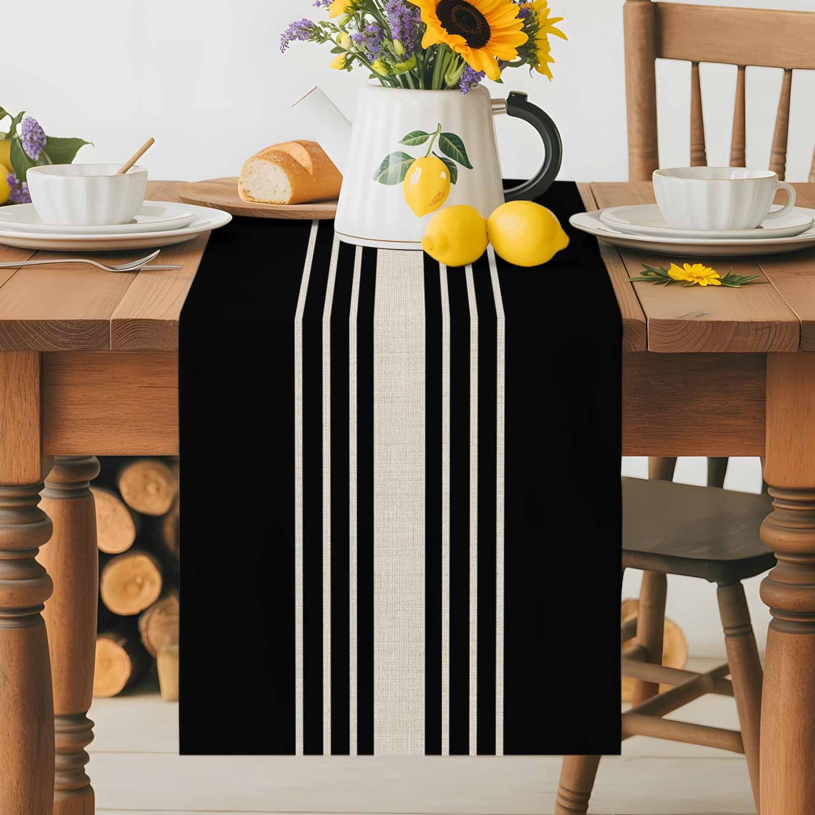 Black Stripe Line Table Runner 90 Inches Long, Retro Linen Table Runners Tabletop Scarf Kitchen Dining Tables Decoration for Home Party Indoor Outdoor