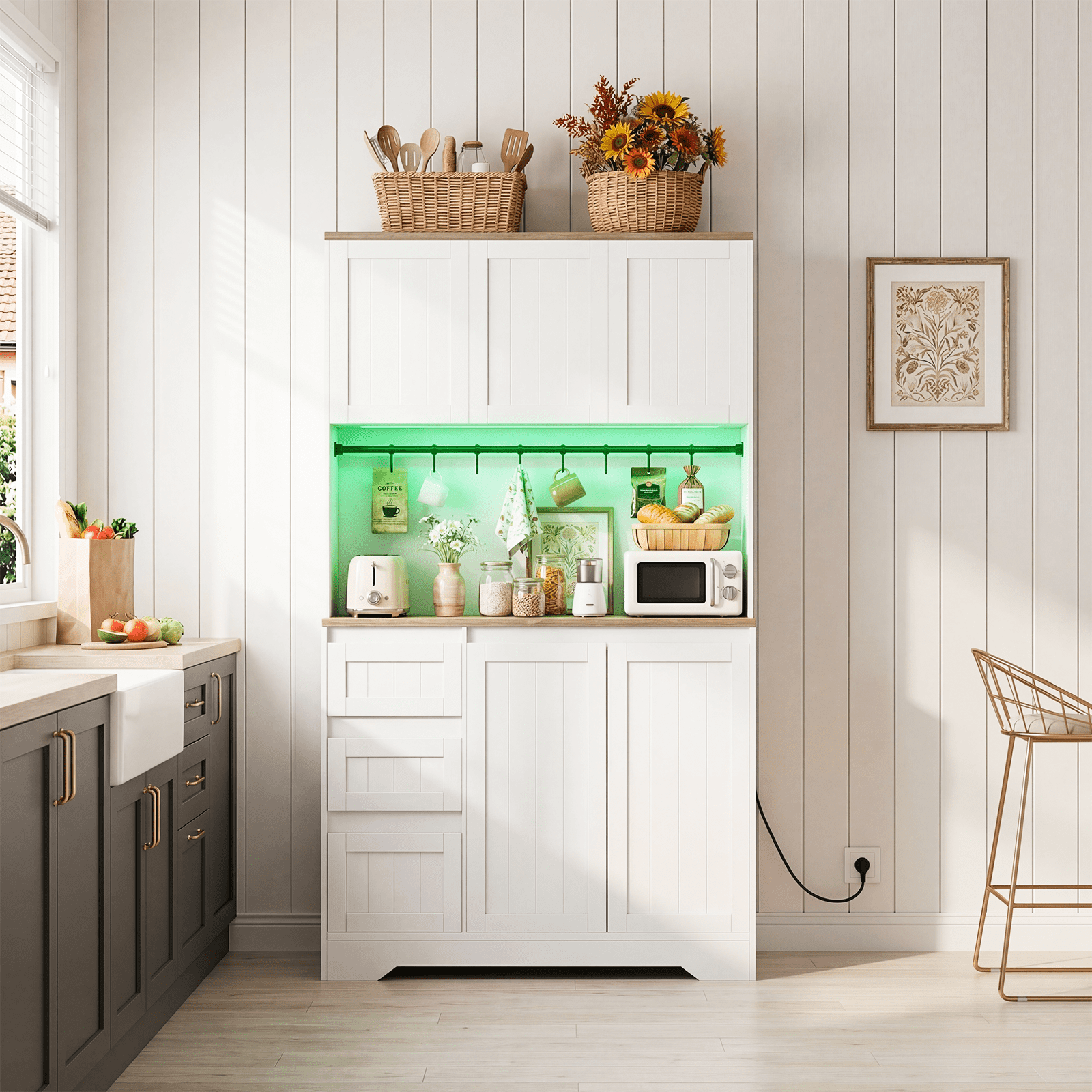 Netraty 71" Pantry Cabinet with Charging Station, Large Capacity Kitchen Hutch Storage Cabinet, Kitchen Cabinet with Microwave Stand, Storage Drawers & Adjustable Shelves for Dining Room, White