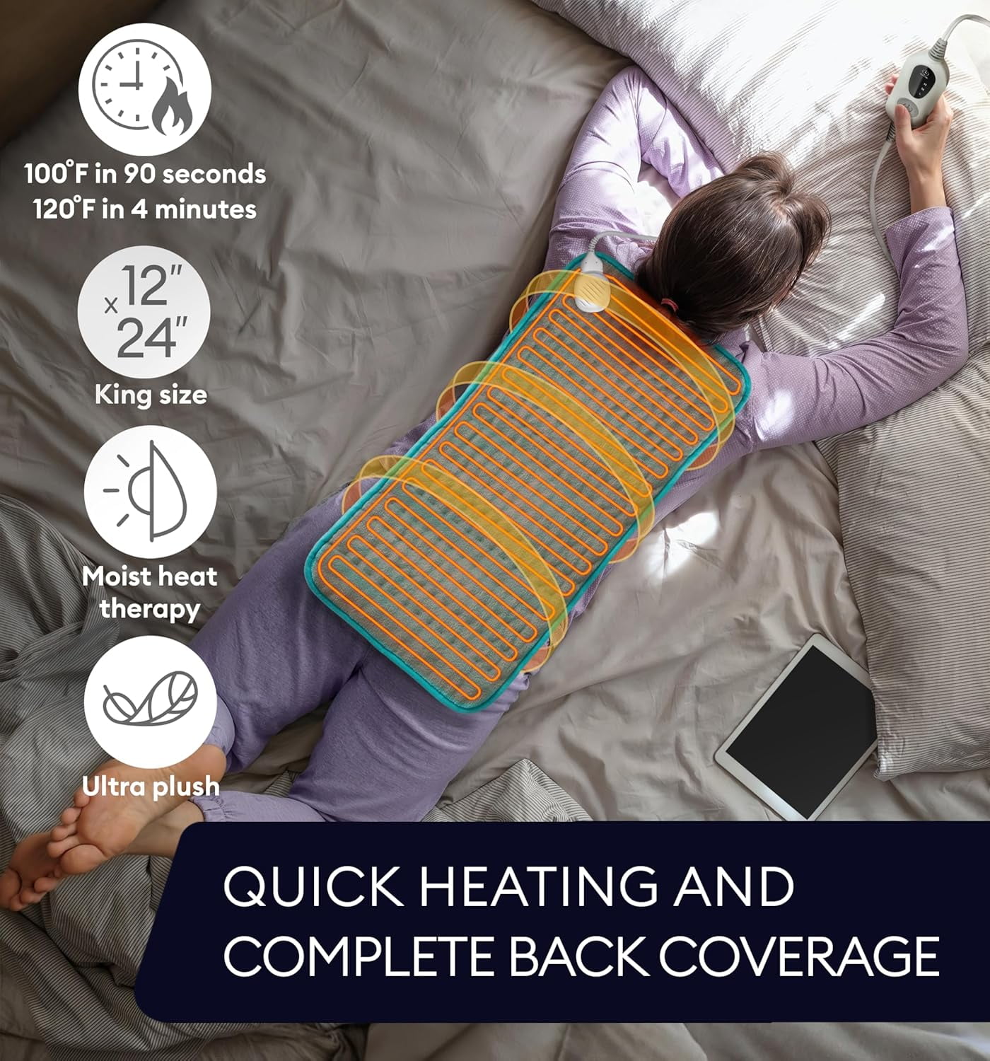 Geniani XL Double-Sided Electric Heating Pad for Back Pain Relief – Heat Pad with 6 Heat Settings, Auto Shut Off, Ultra-Soft Machine Washable Fabric for Everyday Comfort (12"×24", Viridian Green)