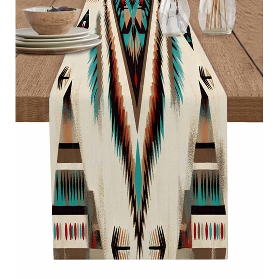 Boho Multi Aztec Table Runner-Cotton Linen- 120 Inch Holiday Dresser Scarves, Western Geometric Farmhouse Boho Ethnic Tablerunner for Kitchen Coffee/Dining Living Room Dinner Scarf Décor 13x120