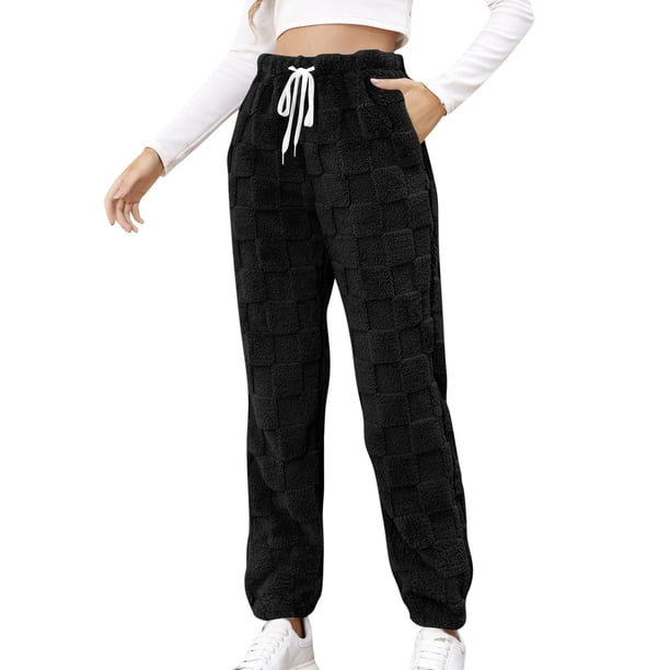 Gibobby Pantalones para mujer para el frío Pantalones de chándal de forro polar peludo para mujer, pantalones de forro polar con cordón grueso y cálido para invierno(Negro,M)