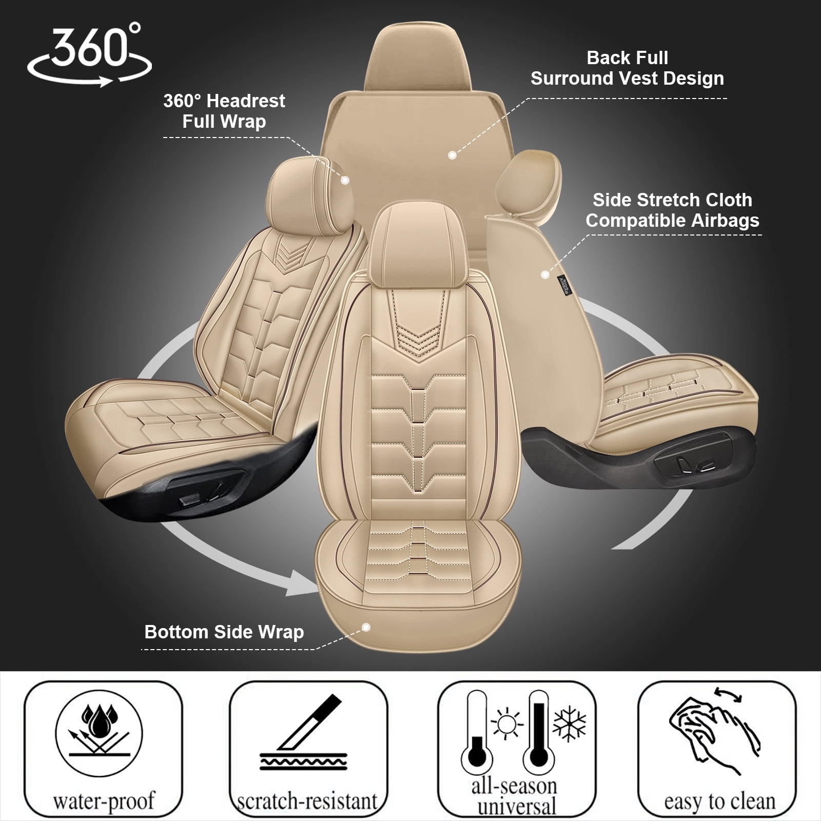 LAONNVIR Leather Car Seat Covers,Breathable and Waterproof Faux Leather Automotive Seat Covers for Cars SUV Pick-up Truck,Universal Anti-Slip Driver Seat Cover with Backrest(Beige,Full Seat)